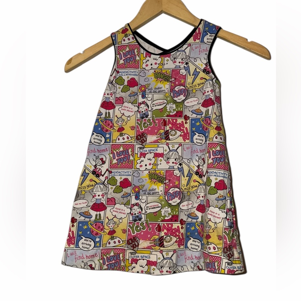 Mayoral Girls Multicolor Comic Print Tank Dress with Black Trim Sz 4 aliens UFO